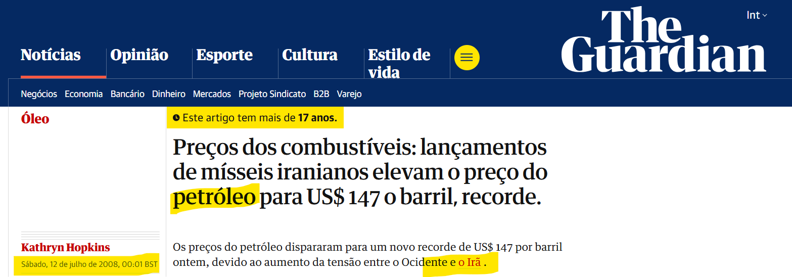 Manchete histórica: petróleo bate US$ 147 por barril em 2008 com tensões com o Irã